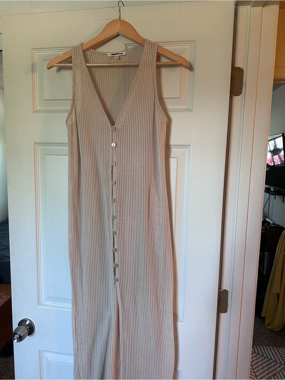 Sleeveless Beige Knit Button-Front Maxi Dress